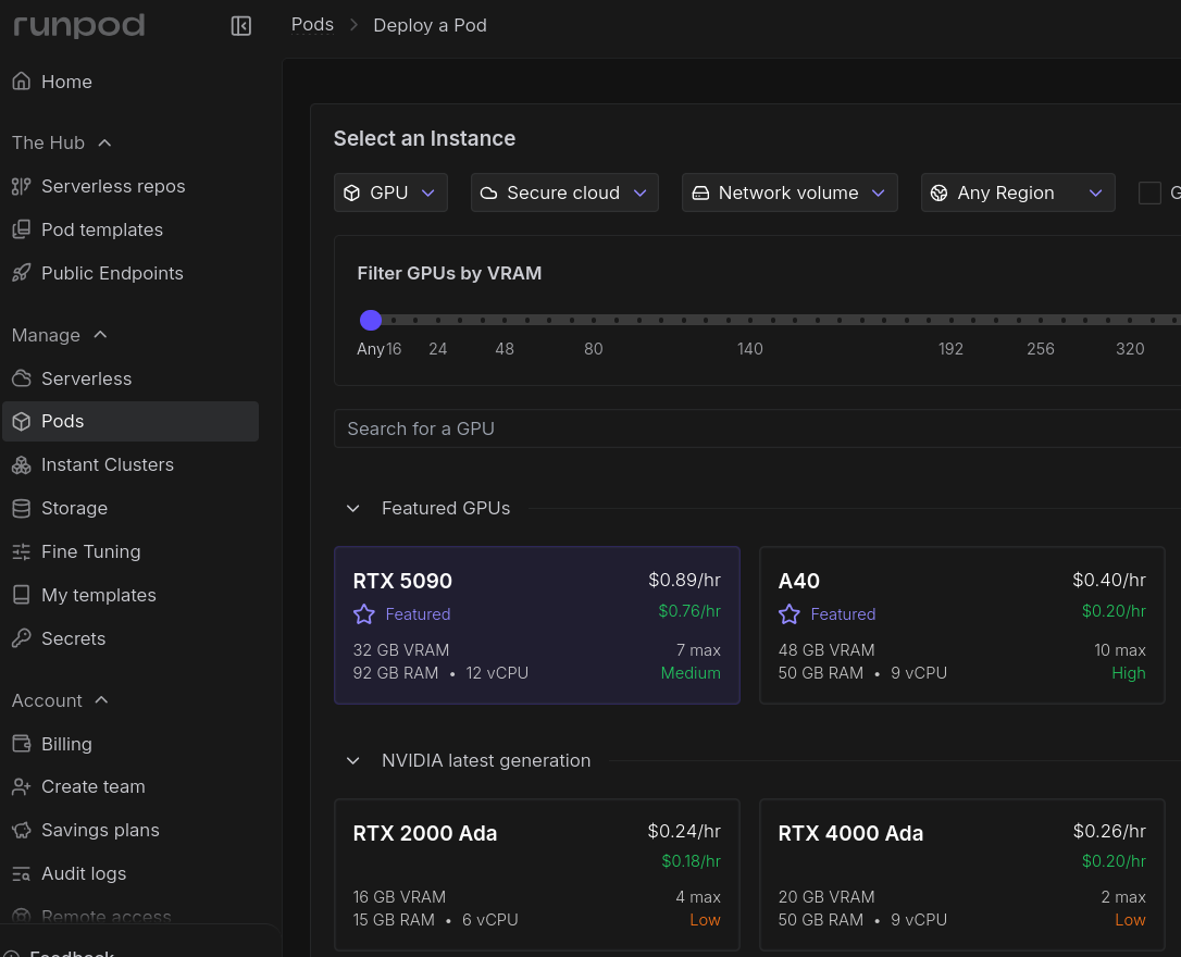 Alt Runpod Pods page